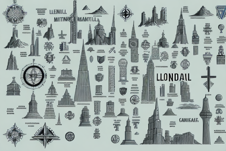 A detailed map layout with various symbols and icons representing different landmarks