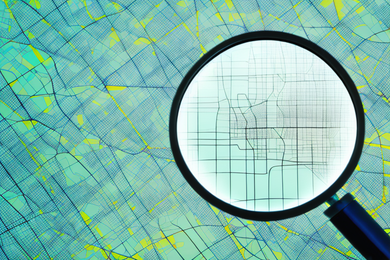 A magnifying glass hovering over a map with various types of land plots marked on it
