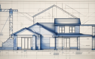 A blueprint of a house with a hard hat and a set of tools like a hammer and a ruler