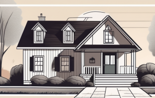 A house with a for sale sign in the front yard and a notary public seal hanging above it