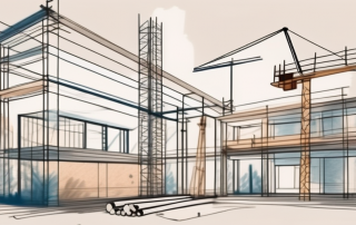 A construction site with various building tools and a blueprint