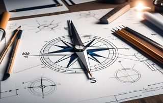 A blueprint spread out on a table with various architect tools like compass