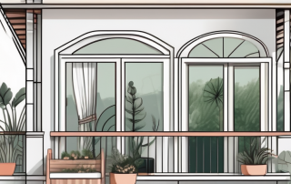 A beautiful balcony with various styles of windows and a unique roof design