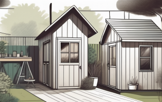 A residential backyard with various structures like a small shed