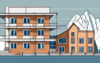 A building under construction with blueprint plans and official-looking documents nearby