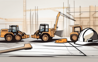 A plot of land with construction tools and blueprints