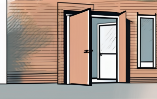 A residential building with an open door in the foreground