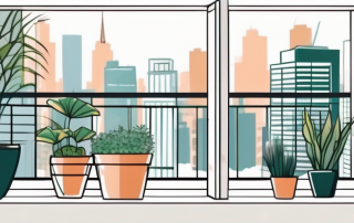 An open window with a small balcony garden featuring potted plants