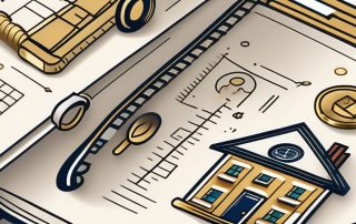 A detailed and ornate ledger book open to a page filled with symbolic icons representing various types of real estate properties (like a house