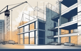 A building under construction with various tools and blueprints scattered around