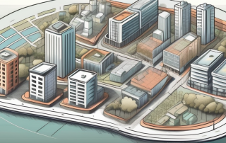 A detailed city map with various zones marked for different types of buildings