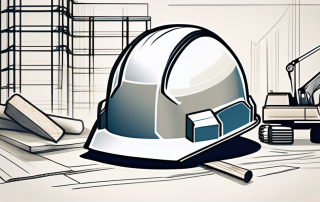 A construction site with various tools and blueprints