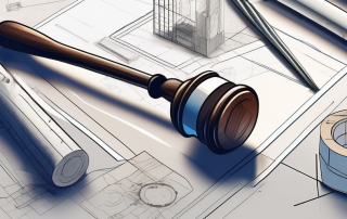 Various construction tools and blueprints scattered on a table