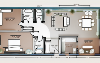 An architectural blueprint featuring various rooms and design elements
