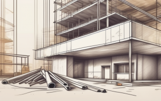 A construction site with various tools and blueprints