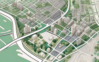 A detailed city map highlighting different zones for residential