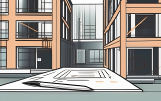 A construction site with a completed building