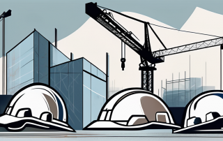 A construction site with various elements like blueprints