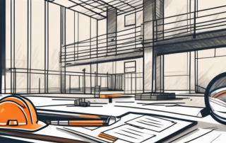 A construction site with a completed building