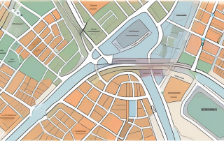 A detailed city map with highlighted zoning areas