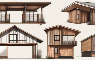 A variety of wooden structures such as a house