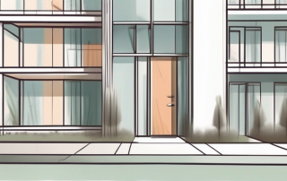 A residential building near the property line with a visible boundary marker