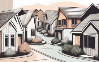 A residential neighborhood with different construction projects going on in various houses