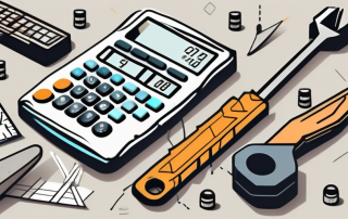 A construction site with various tools and a calculator