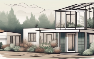 A residential plot with various types of buildings like a small house