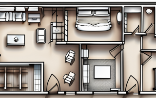 A detailed architectural floor plan with various symbols indicating different elements like doors