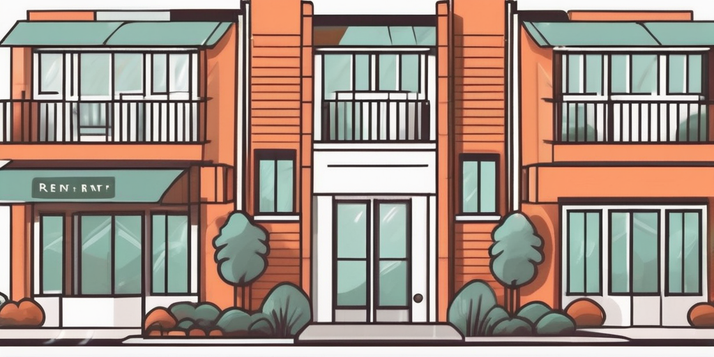 An apartment building with a 'for rent' sign in the front