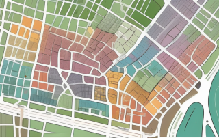 A detailed city zoning map with various color codes indicating different types of buildings and land uses