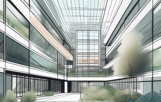 A modern building showcasing a spacious atrium filled with natural light and greenery