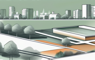 An urban landscape with highlighted areas showing different land usage