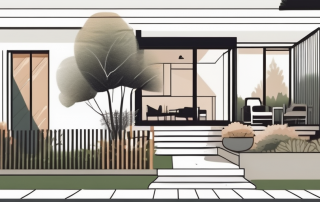 A house surrounded by various elements of the outdoors such as trees