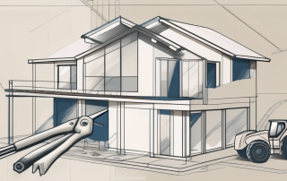 A house with visible blueprints overlaid