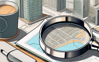 A bebauungsplan (urban development plan) spread out on a table with a magnifying glass highlighting some details and step-by-step markers leading the viewer's eye through the plan