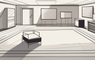 A half-furnished room with visible square meter markings on the floor to represent its size