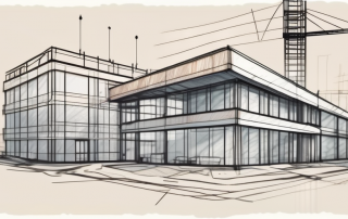 A building construction site with various architectural plans and tools