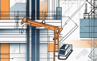 A construction site with various tools and blueprints