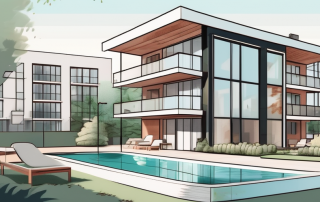 A modern apartment building with a 'for sale' sign in front