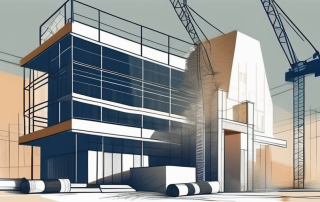 A construction site with various building materials and blueprints