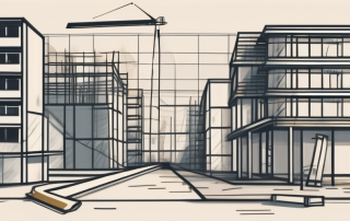 A construction site with various buildings in different stages of construction