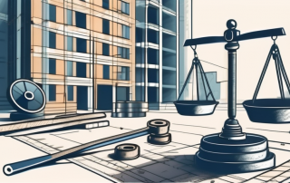 A construction site with various tools and a blueprint