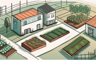 A rural landscape with various spaces in between buildings being utilized for gardening and farming activities