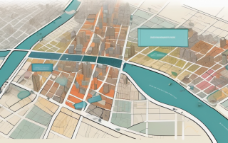 A detailed city planning map with various zones marked in different colors