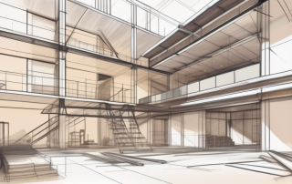 An open construction site with various building materials and architectural blueprints