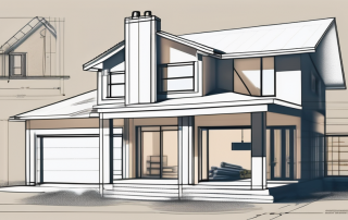 An existing house with an architectural blueprint overlay showing a planned extension