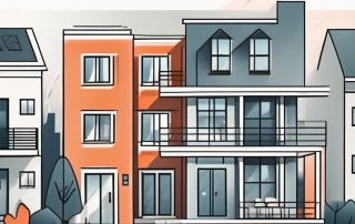 A stylish apartment with a 'for sale' sign in front