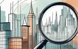 A cityscape with different architectural structures and a magnifying glass hovering over a specific building